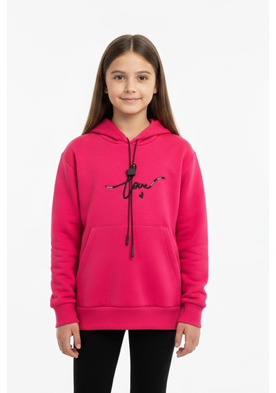 Kapşonlu Love Baskılı Kanguru Cepli Kız Çocuk Sweatshirt-90857 Fuşya