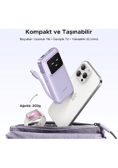 Ugreen 35604B Uno Dahili Kablolu 10.000 Mah 30W Hızlı Şarj Powerbank Mor