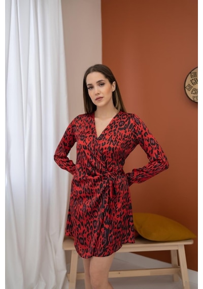De'charme Kırmızı Leopar Desenli Saten Elbise