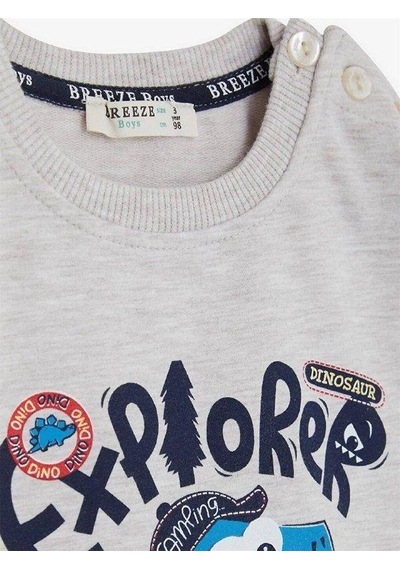 Breeze Erkek Çocuk Explorer Yazılı Dinazor Baskılı Sweatshirt-14677 Gri