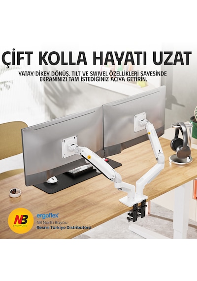 Nb Ergonomic Nb F160 17-27inch Cift Kol 2-9 Kg Amortisorlu Monitor Standı Beyaz