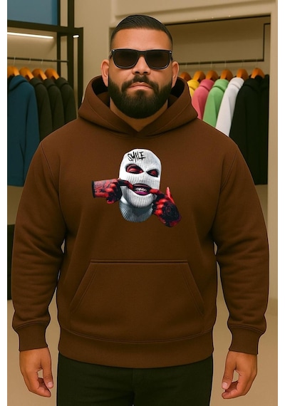Benroma 3 İplik Penye Maske Baskılı Büyük Beden Sweatshırt Kahverengi