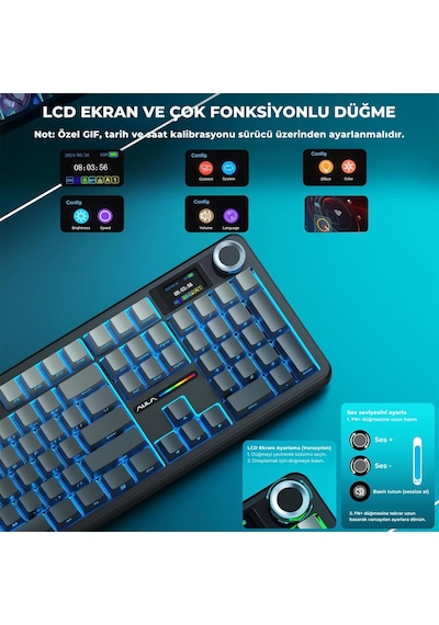 Aula F108 Pro Ekranlı Mekanik Klavye Zephyr Switch Rgb Hot Swap 8000mah Makrolu Oyuncu Klavyesi Gri