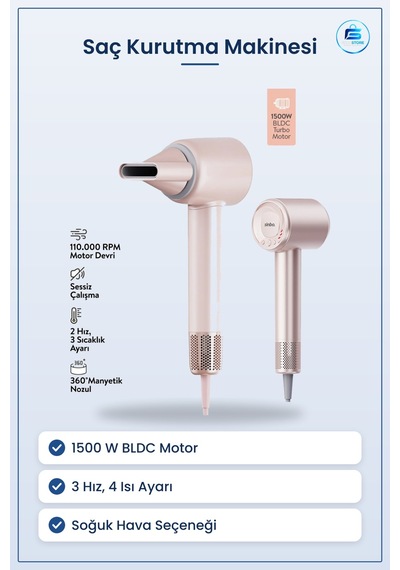 Saç Kurutma Makinesi 1500w Bldc Turbo Motor 3 Hız 4 Isı Ayarlı Fö