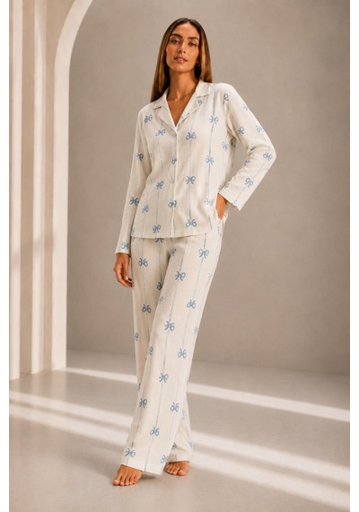 Fit Women Kadın Önden Düğmeli Uzun Kollu Alt Üst Beyaz Pijama Takımı