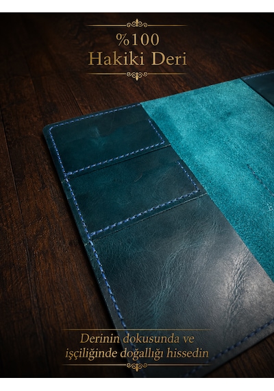 Bilikolik Hakiki Deri A5 Defter Kılıfı, El Yapımı, Telefon Cepli Ajanda Organizer, Defter Ve Kalem Dahil Mavi
