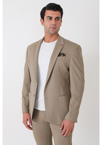 Comfort Fit Esnek Rayon Pamuk Karışım Torba Cepli Bej Blazer Ceket C 744