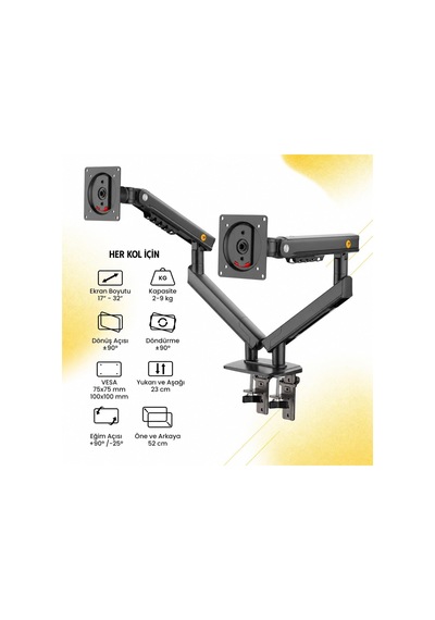 Lexroo North Bayou A5c 17-32 İnch Çift Kol 2-9 Kg Vesa Uyumlu Monitör Standı