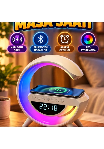 Kablosuz Şarjlı Led Işıklı Masa Saati Bluetooth Hoparlör Alarm Özellikli