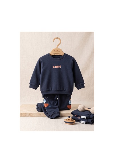 Deniva Kids Erkek Bebek Ahoy Baskılı Siyah Sweatshirt Ve Eşofman Altı 2'li Pamuklu Takım