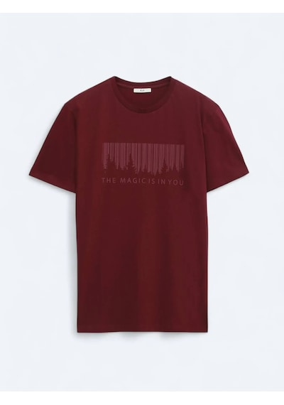 Kip Bordo Baskılı Bisiklet Yaka %100 Pamuk T-shirt Bordo