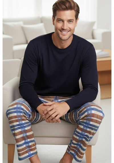 Siyah İnci Uzun Kollu Pamuklu Örme Pijama Takım 7972 Ekose