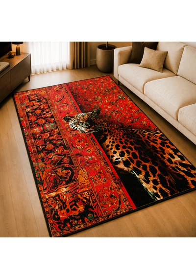 Leopar Desenli Halı Duvar Halısı 120 Cm X 180 Cm 5901 Kırımızı