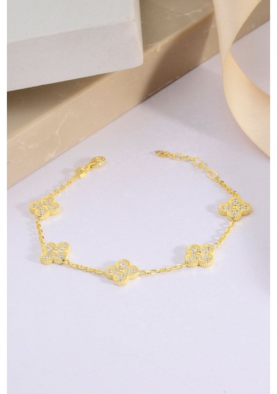 Innuendo Jewelry 925 Ayar Gümüş Taşlı 5 Yoncalı Bileklik Altın