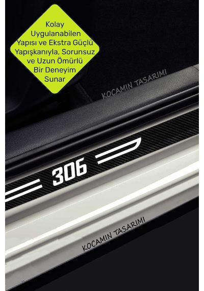 Siyah Karbon Peugeot 306 Kapı Eşiği Dekoratif Beyaz Yazılı Kapı Koruyucu 4 Parça Set Peugeot 306 Yazılı