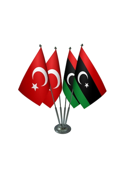 Masa Üstü'libya Bayrağı Türk Bayrağı Dörtlü Krom Direk Masa Bayra