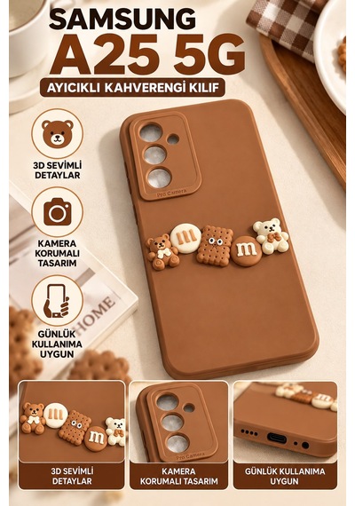 Samsung Uyumlu Galaxy A25 5g Kahverengi Ayıcık Desenli 3d Sevimli Silikon Telefon Kılıfı