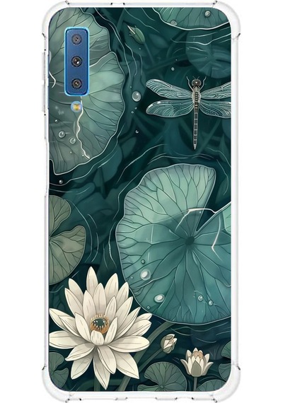 Samsung Galaxy A7 2018 Uyumlu Yeşil Yapraklı Nilüfer Ve Yusufçuk Baskılı Silikon Kılıf Renkli