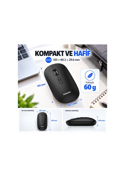 Philips SPK7508 Bluetooth 5.2 / 2.4GHz Kablosuz 1600 DPI 6 Tuşlu Sessiz Mouse