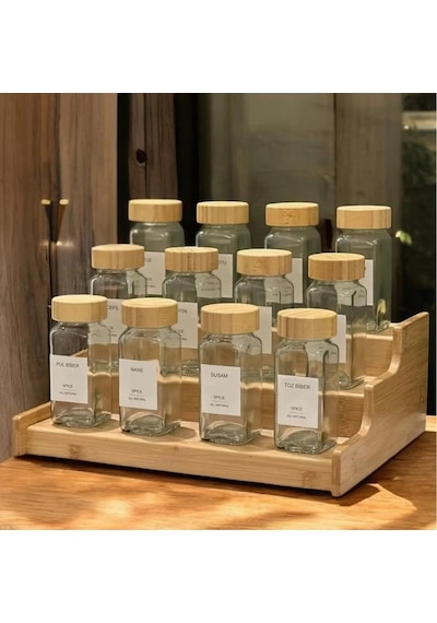 12 Li Bambu Kapaklı Kare Formlu Cam Baharatlık Seti 120 Ml / 16 Adet Etiket Hediye Açık Bej