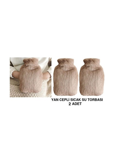 Sıcak Su Torbası 2 Adet,yan Cepli Bej Peluş Termofor 27x17x2cm 750ml Bej