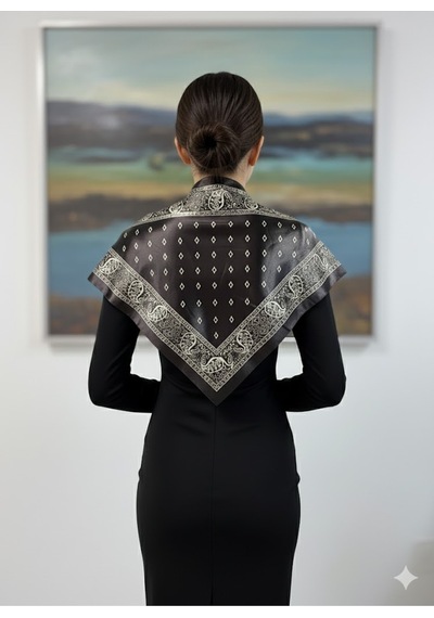 Tarzını Seç Saray Motif Desenli Kahverengi Üçgen Fular Bandana Estacraft - 100x45 Cm
