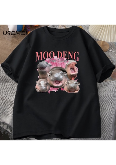Flood Of Style Moo Deng Fan Kulübü T Shirt Erkekler Komik Pamuk Tayland Kısa Kollu T-shirt Erkek Tasarımcı K Siyah