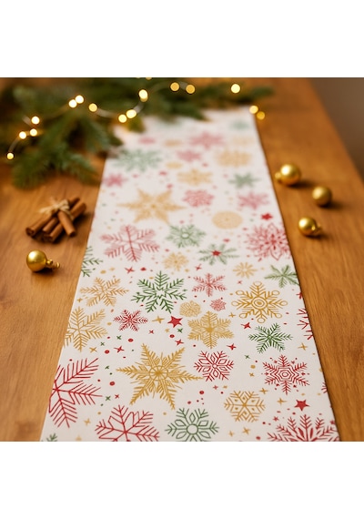 Yılbaşı Temalı Masa Runner I Krem Zeminli, Renkli Kar Tanesi Desenli 40x140 Cm Bej - Krem