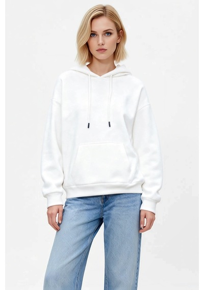 Benerly Kadın Kapüşonlu Düşük Kol Oversize Sweatshirt Fonksiyonel Dayanık Ekru