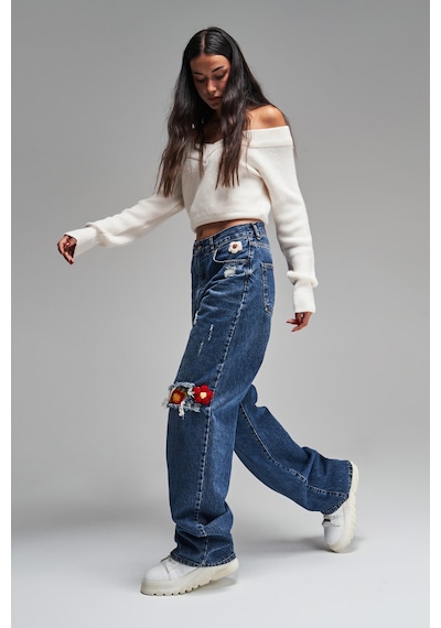 Itsbasic Kadın T.kot Rengi Etnik Gül Desenli Loose Fit Tasarım Denim Jean Motifli Tint