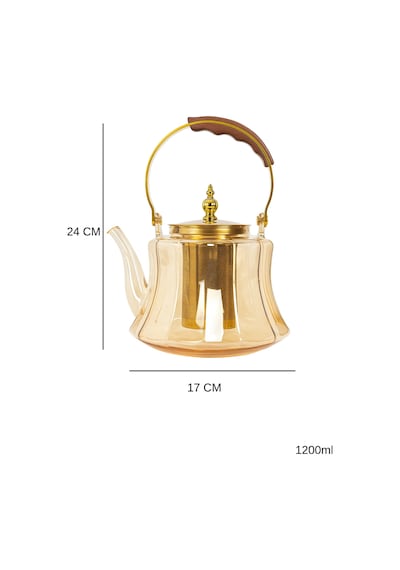 Ahşap Saplı Isıya Dayanıklı Borosilikat Amber Cam Demlik 1200 Ml Süzgeçli Cam Demlik Amber