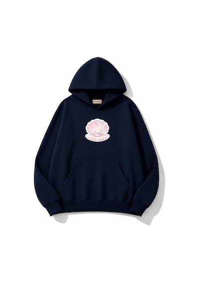 Herkesemoda İnci Baskılı Kapüşonlu 2 İplik Şardonlu Sweatshirt Lacivert
