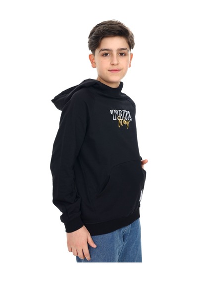 Toontoy Kids Toontoy Erkek Çocuk Relax Fit Kapüşonlu Cepli Reglan Kol Baskılı Sweatshirt - 2 İplik Siyah