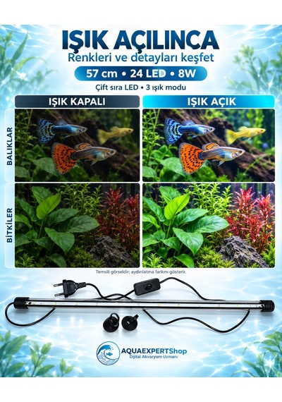 Akvaryum Işığı - Balık Işığı - Bitki Işığı - 57 Cm - 24 Led - Tamamen Su İçinde Kullanılabilir - 3 Modlu - 8w - Mükemmel Işık
