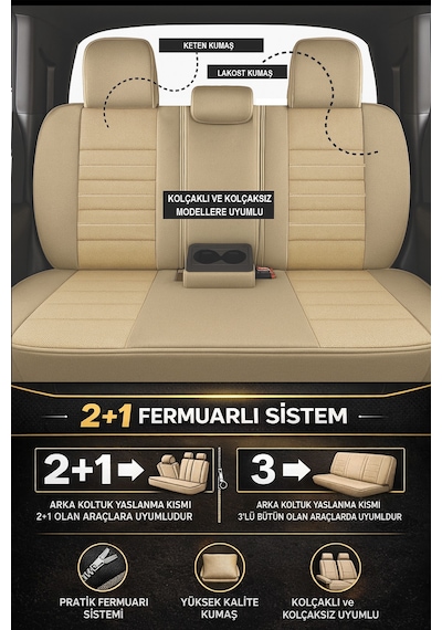 Premium Serisi Lüks Keten Üniversal Oto Koltuk Kılıfı - 5 Koltuk Tam Set Bej