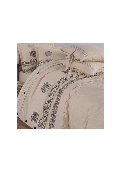 Hitit Desen 200x220 Pamuk-keten Çift Kişilik Nevresim Takımı Krem - 747748095 Krem
