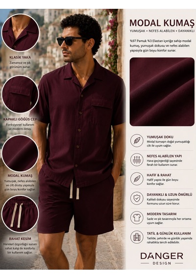 Erkek Premium Kumaş Modal Şort Slim Fit Takım Bordo 2018dngr