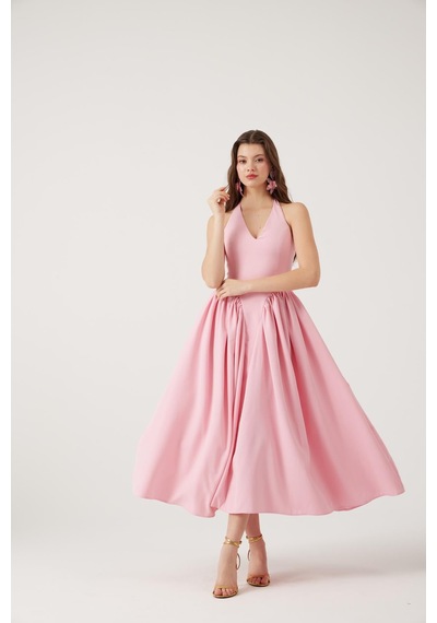 Holly Lolly Boyundan Bağlamalı Bele Oturan Uzun Ophelia Elbise Pembe