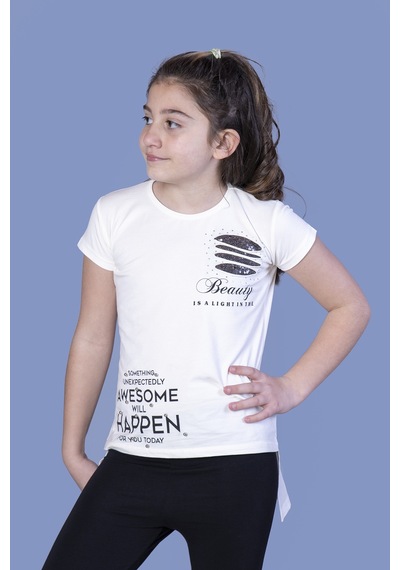 Toontoy Kids Toontoy Kız Çocuk T-shirt Göğsü Lazer Kesim Taşlı Ekru