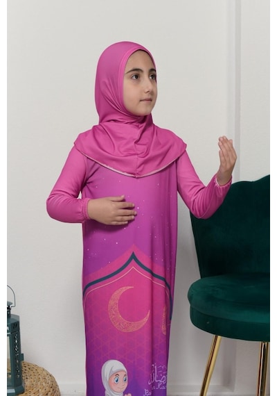 Çocuk Namaz Takımı Pratik Tek Parça Desenli Kollu Tak Çıkar Başörtülü Likralı Tesettür Elbise 6-12 Yaş 925-0201 Koyu Pembe