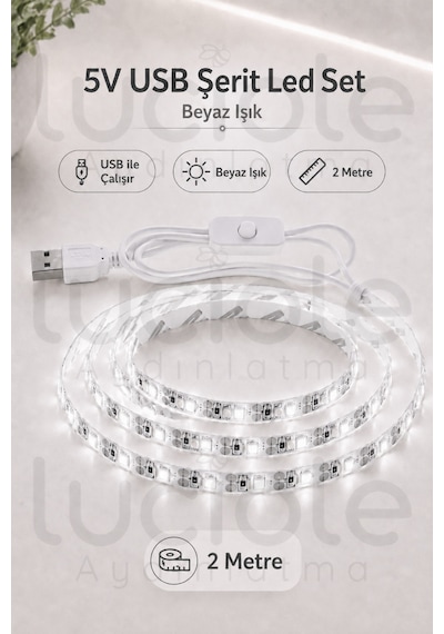 5v Usb Şerit Led 2 Metre Beyaz Işık Anahtarlı Powerbank Uyumlu Dolap Altı Tv Masa Led