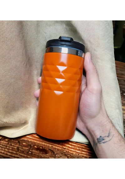 Geometrik Desenli Turuncu Renk Termos Bardak 300ml