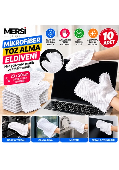 10'lu Mikrofiber Toz Alma Eldiveni 23x20 Cm Pratik El Geçirmeli Mutfak Ev Yüzey Temizlik Bezi Seti