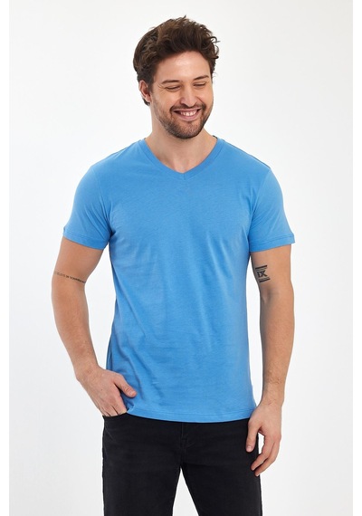 Erkek Compact Penye V Yaka T-shırt Lıchen Blue