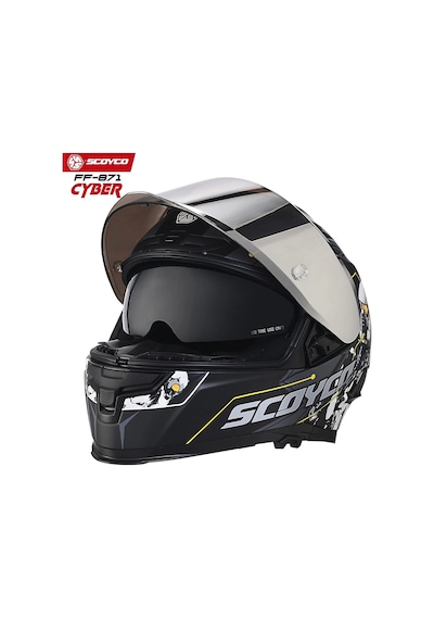 Gri Camlı + Scoyco Ff-871 Cyber Güneş Vizörlü Kapalı Kask Gri - Mat Siyah