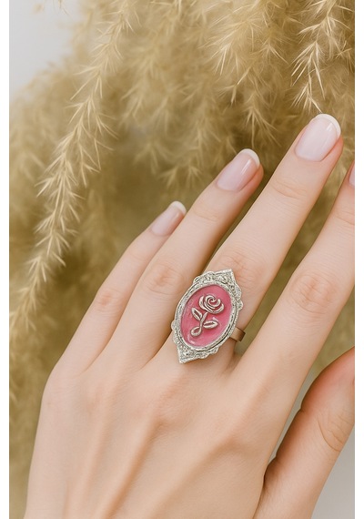 Pembe Gül Figürlü Yüzük Zarafetin Ve Romantik Güzelliğin Simgesi, Ayarlanabilir Unisex Model Gümüş - Gri