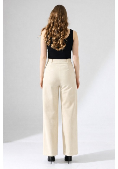 Gugus Kadın Trend Süet Palazzo Pantolon Wide Leg Ekru