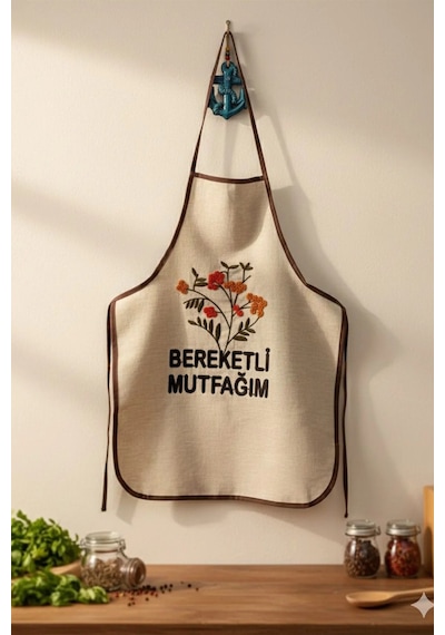 Villadia Home Textile Mutfak Önlüğü Nakış Punch İşlemeli Yemek Pişirme Önlüğü Mutfak Şefi Önlüğü Krem