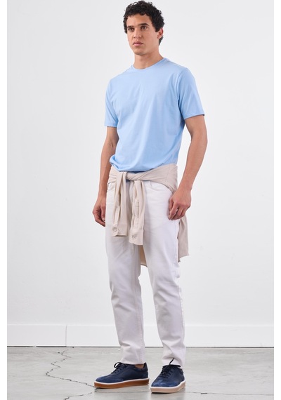 Dufy Açık Mavi Bisiklet Yaka Pamuklu Düz Renk Slim Fit Erkek T-shirt Mavi
