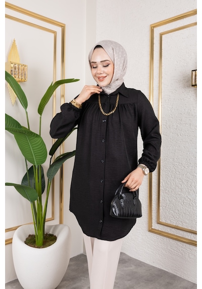 Nevayla Moda Önü Büzgülü Bilek Lastikli Tunik - Siyah / Ü104 Siyah